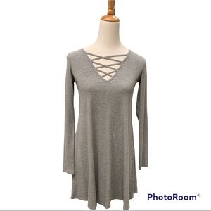 New NWT a-line rib knit criss cross v-neck long sleeve dress gray Small